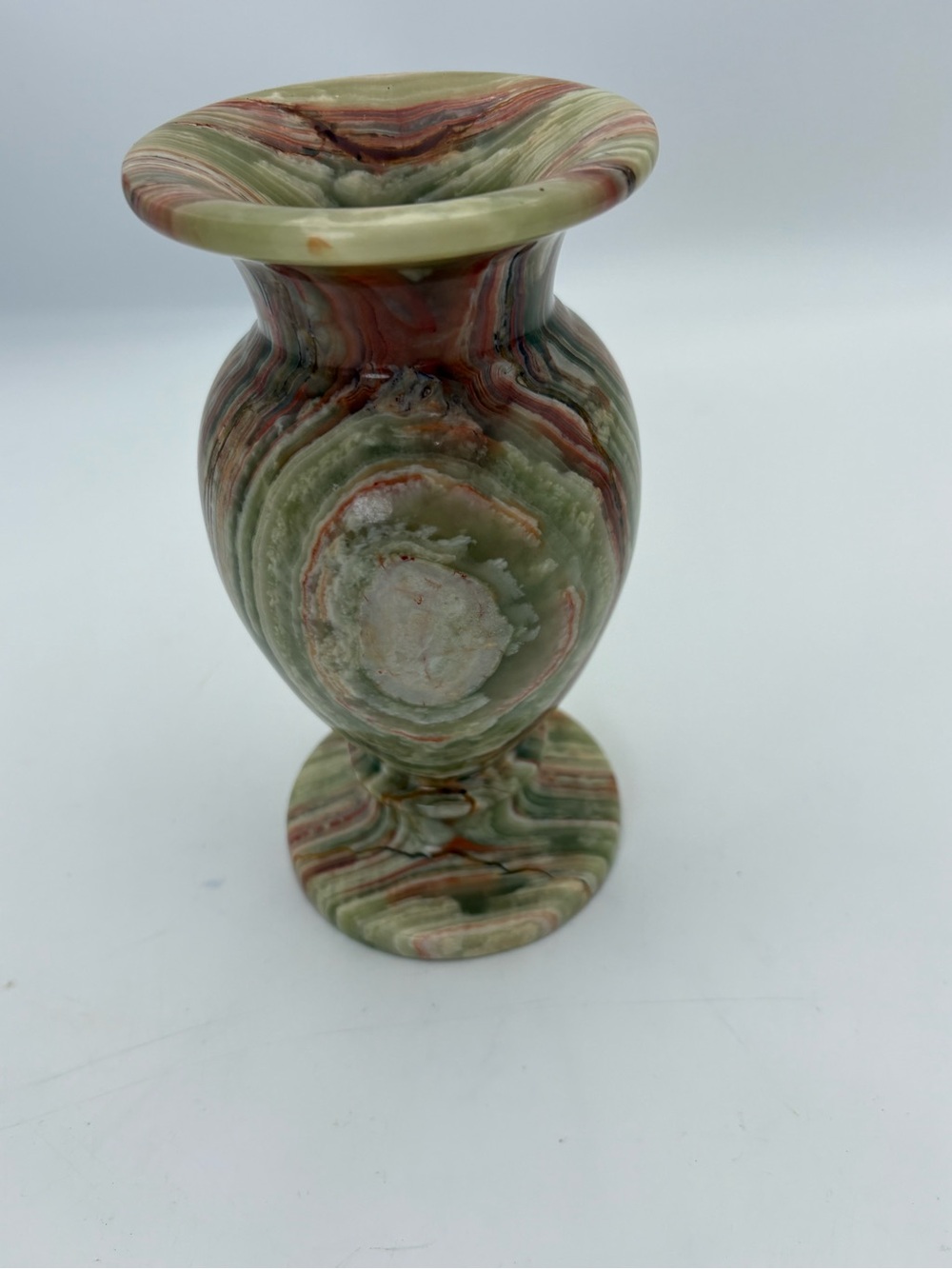 Vintage Solid Onyx Stone Vase in Green and Brown/Rust Swirls